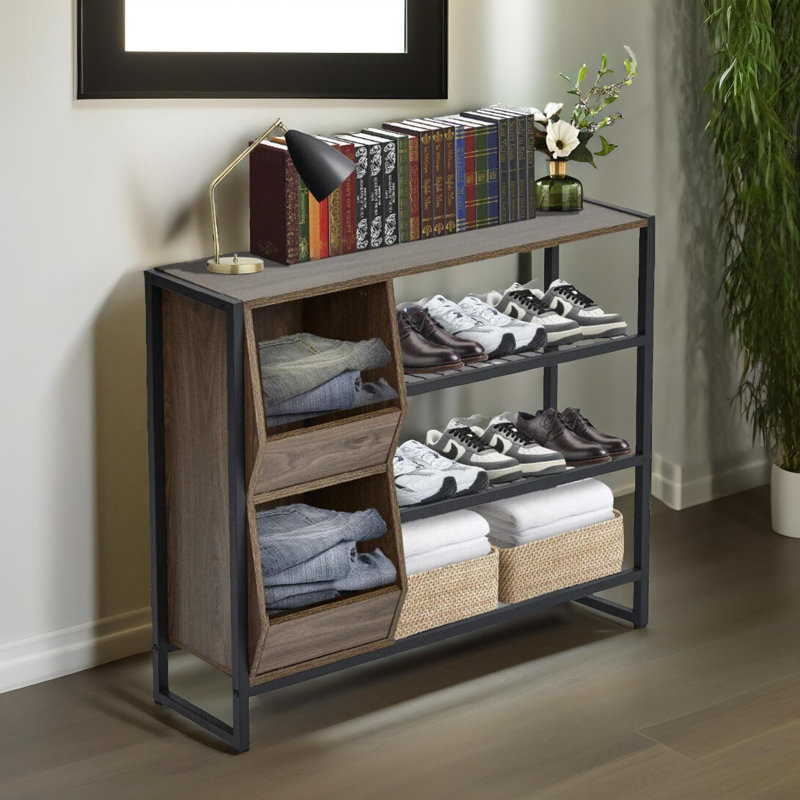 9 Pair  3 Tier Shoe Rack With Storage Industrial Entryway Hallway Furniture