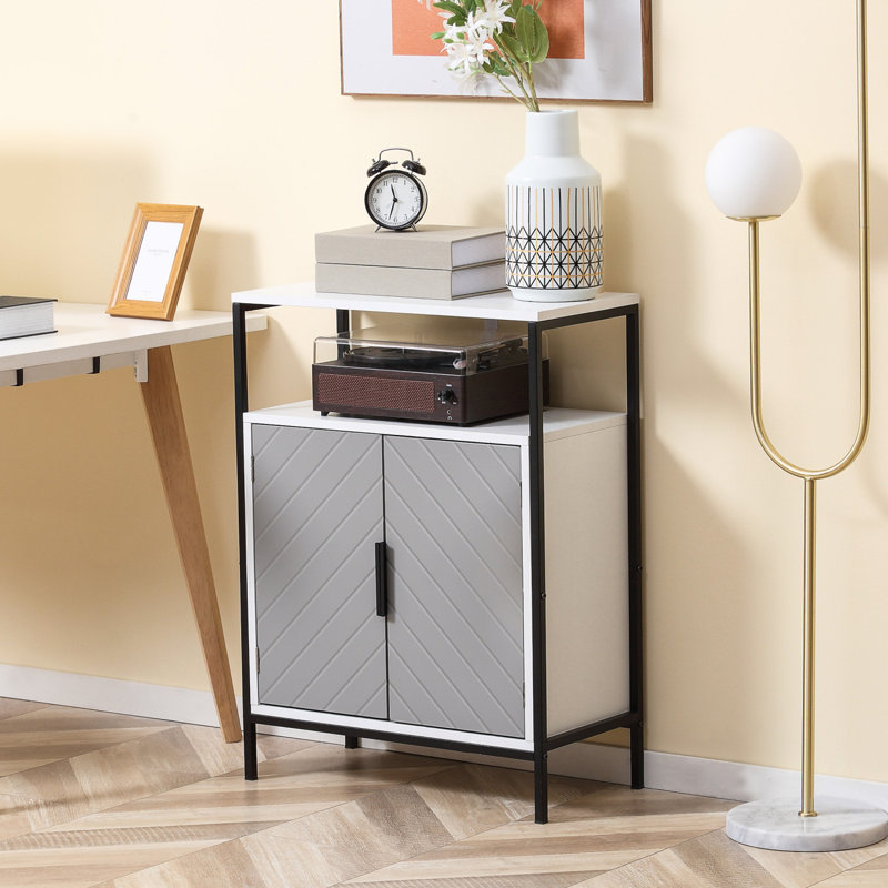 Armoire de rangement avec tablette ouverte et armoire à double porte, armoire d'appoint avec panneau à chevrons et cadre
