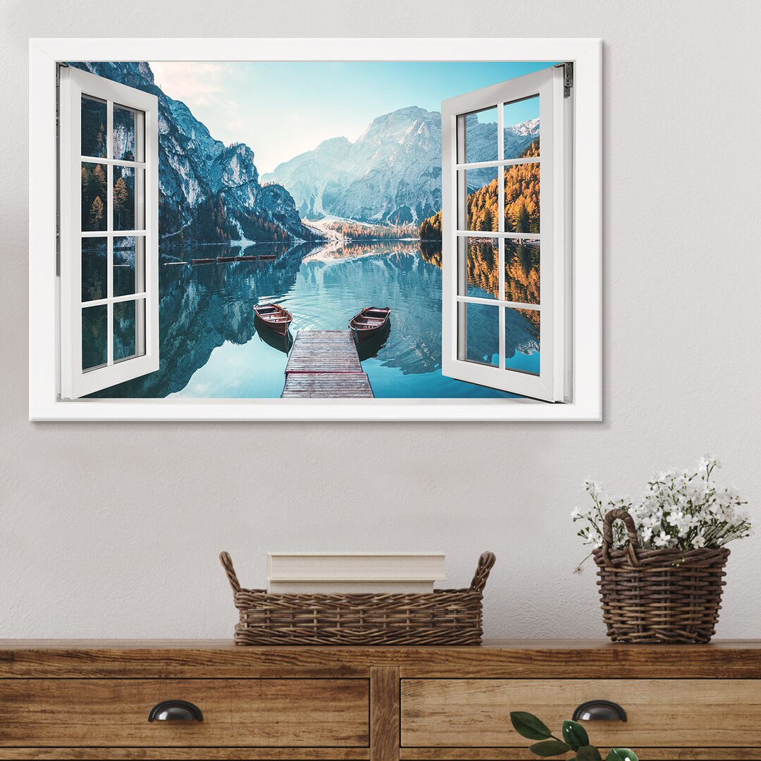 Leinwandbild Dolomites Mountain Braies Lake Window