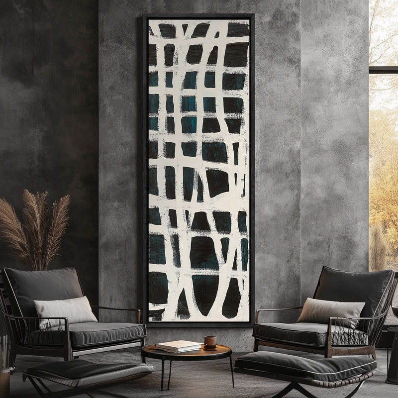 Abstrait ivoire et motif quadrillé noir sur fond bleu sarcelle foncé - impression sur toile encadrée de la chambre principale