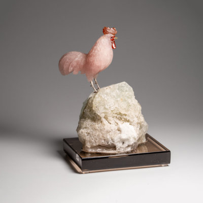 Genuine Polished Hand Carved Quartz Rooster On A Quartz Matrix (8"H)