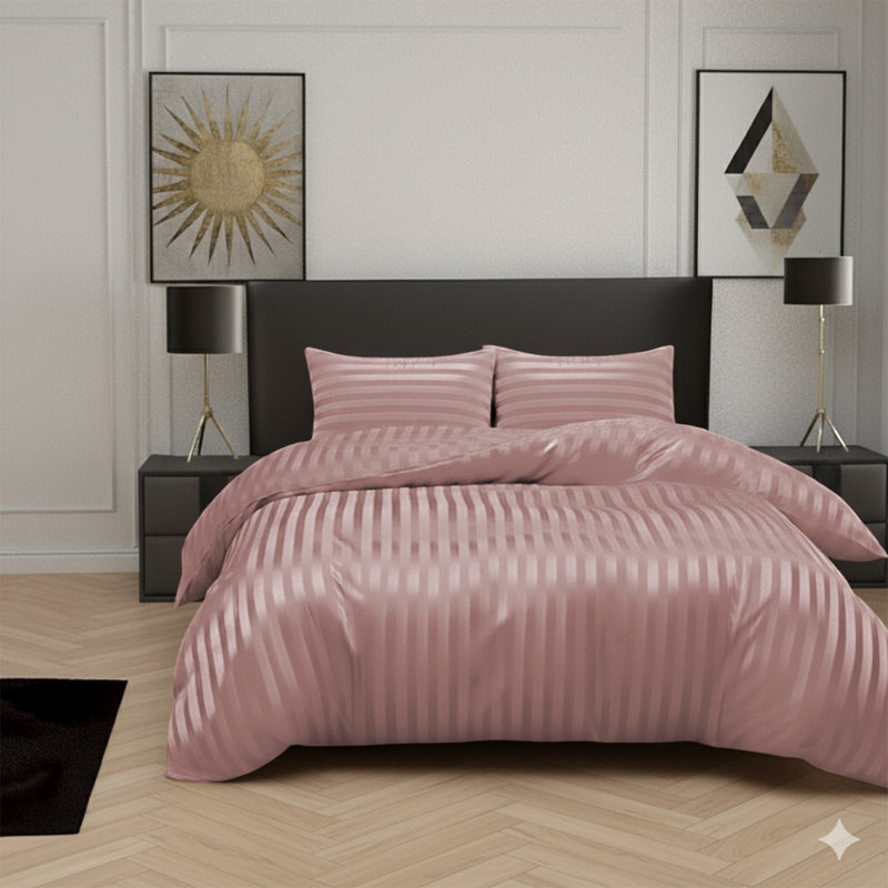 Microfiber Striped Duvet Cover Set with Matching Pillowcases and Stripe Fitted Sheet, Peach
