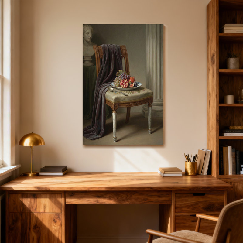 «Plants & Flowers Still Life Chair Fruit Drapery Classic Interior Art», reproduction d'art sur toile
