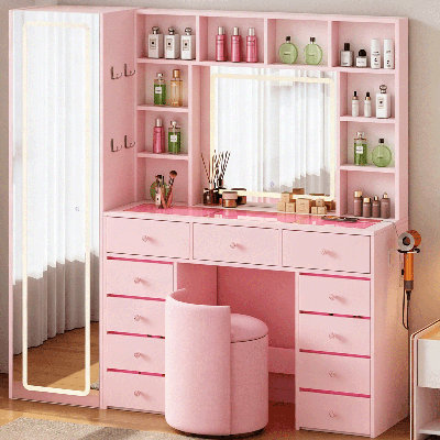Bureau de meuble-lavabo avec miroir pleine longueur et lumières 3 couleurs, plateau transparent avec 11 tiroirs RVB, 10 tablettes, miroir pleine longueur avec tablette de rangement, meuble-lavabo avec station de charge, rose