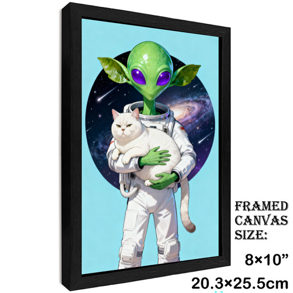 Trinx Black Framed Vintage Alien holding cute white cat in space Wall ...