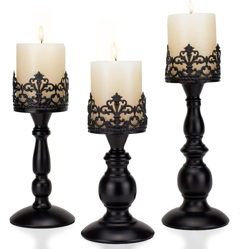 Porte-bougies vintage rétro style pilier noir - ensemble de 3