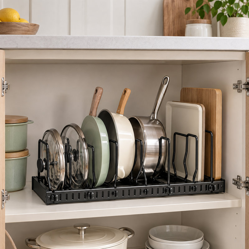 Organisateur extensible pour casseroles et couvercles, support en acier au carbone sans perçage de 42 à 53 cm (16,5 à 20,9 pouces) pour armoires et comptoirs de cuisine.