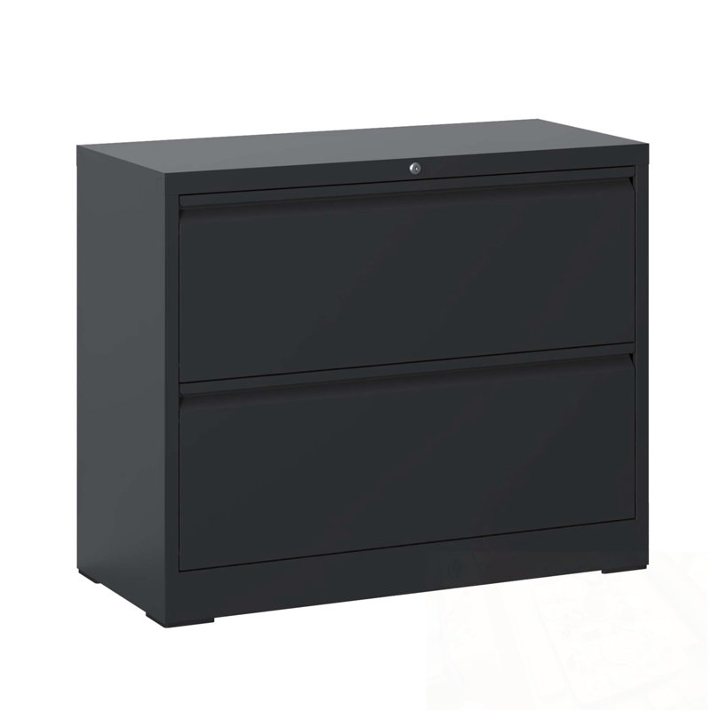 Large classeur en métal avec 2 tiroirs et serrure, Noir