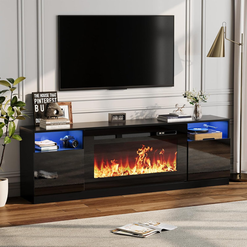 Meuble télé 70 po avec foyer électrique 36 po, 12 lumières DEL de couleur, 1 500 W de chauffage, 2 rangements et 2 armoires