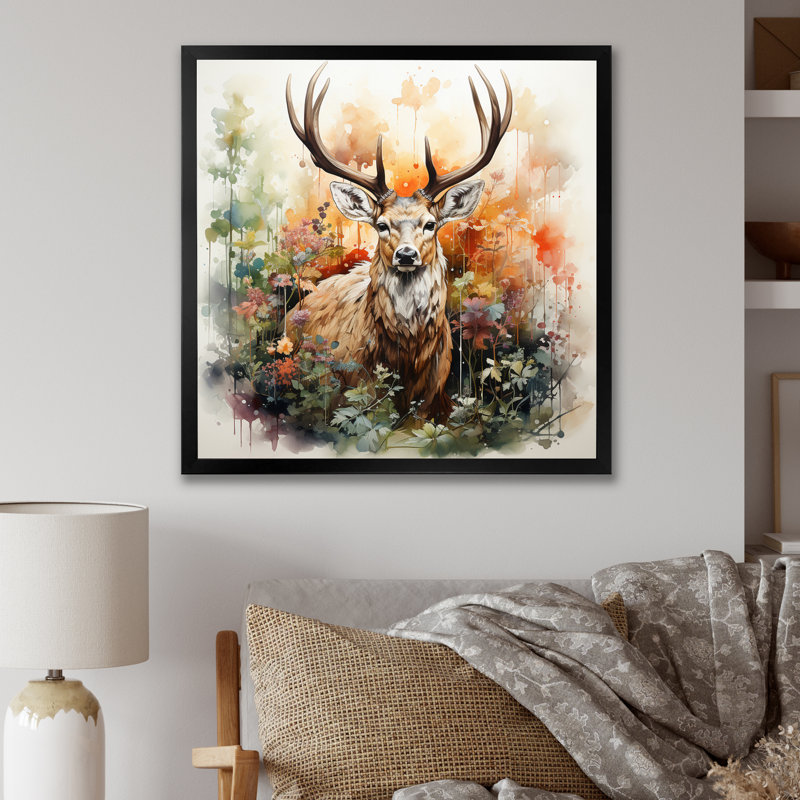 «Blus Deer Abstracted Nature» - reproduction, H 16 po x l 16 po x P 1 po, Cadre simple noir