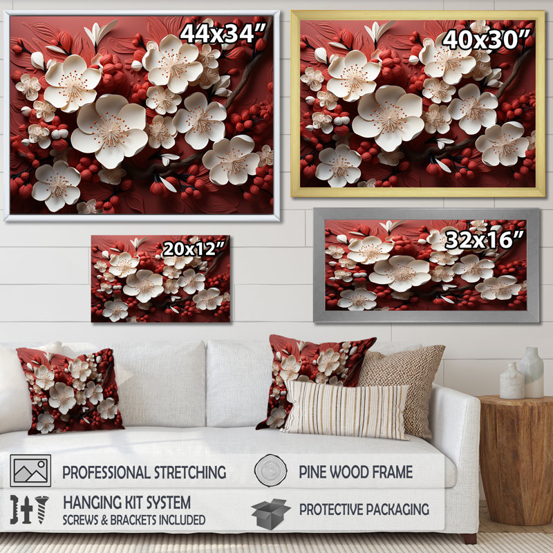 White And Red Orchid Flower Branches IV - Abstract Floral Wall Art, 12" H x 20" W x 1" D, Gold Floater Framed