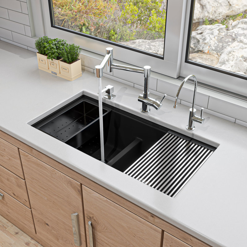 Évier de cuisine à double cuve encastrable avec accessoires L 33,86 po x l 20,1 po, Noir mat