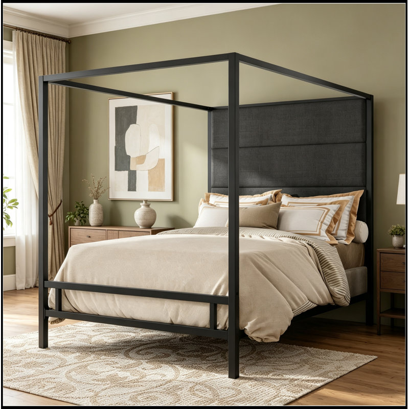 Tête de lit tapissier en métal avec grand lit Montufar, Noir