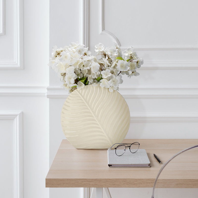 Sculptural Tall Vase with Leaf Texture for Console and Entryway Design - Flower Vase for Home Decor, 11" H x 12" W x 3" D