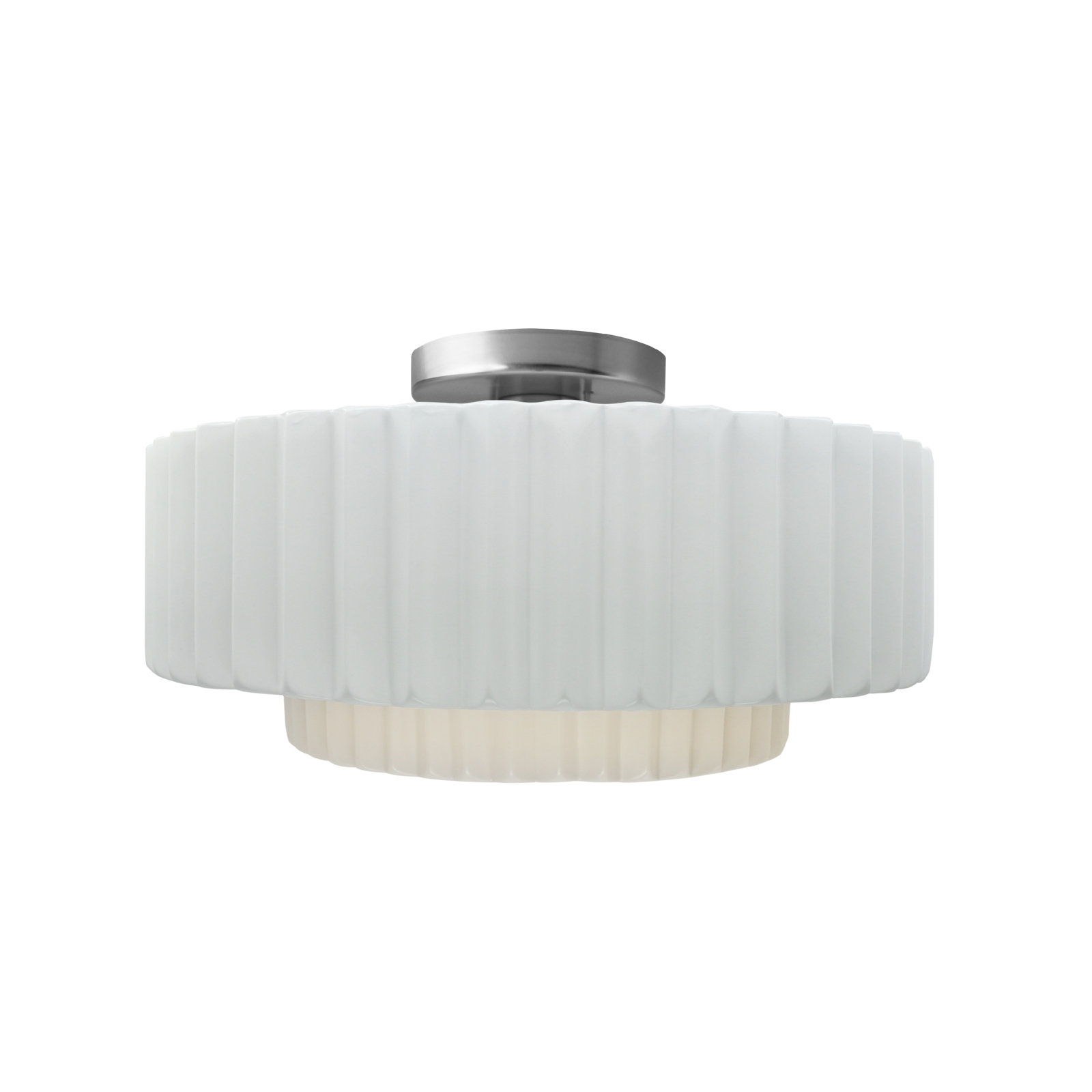 Single Light Ceramic LED Semi Flush Mount, 7.25" H x 14.5" W x 14.5" D, Brushed Nickel, Gloss White/Gloss White