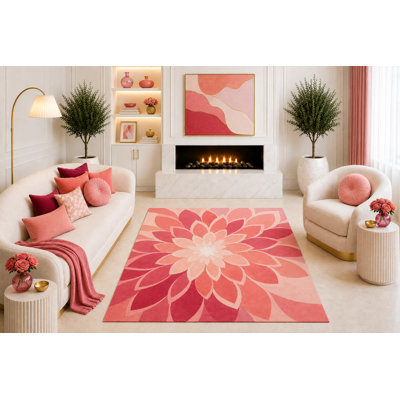 Tapis ultra-léger 152 x 213 cm à motif floral géométrique moderne « Dahlia corail », idéal pour le salon, la chambre ou la salle à manger. Dos en silicone antidérapant.