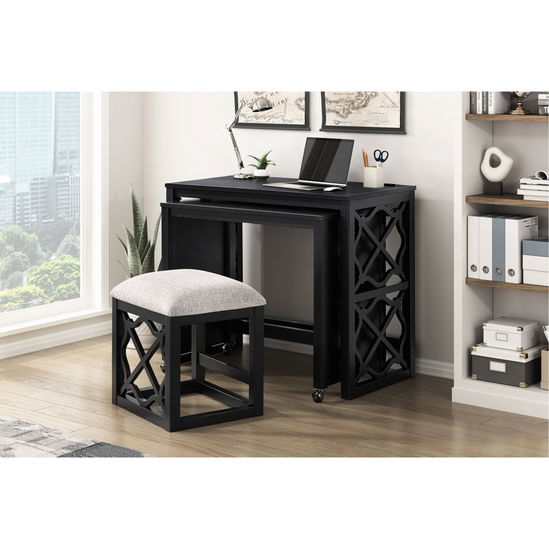 Ensemble de bureau et tabouret avec bureau à roulettes 3 pièces avec roulettes et 2 ports de chargement