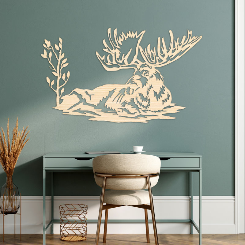 Art mural abstrait d'orignaux et de plantes - Bouleau baltique naturel (14 po x 24 po), H 18,7 po x l 32 po x P 0,25 po