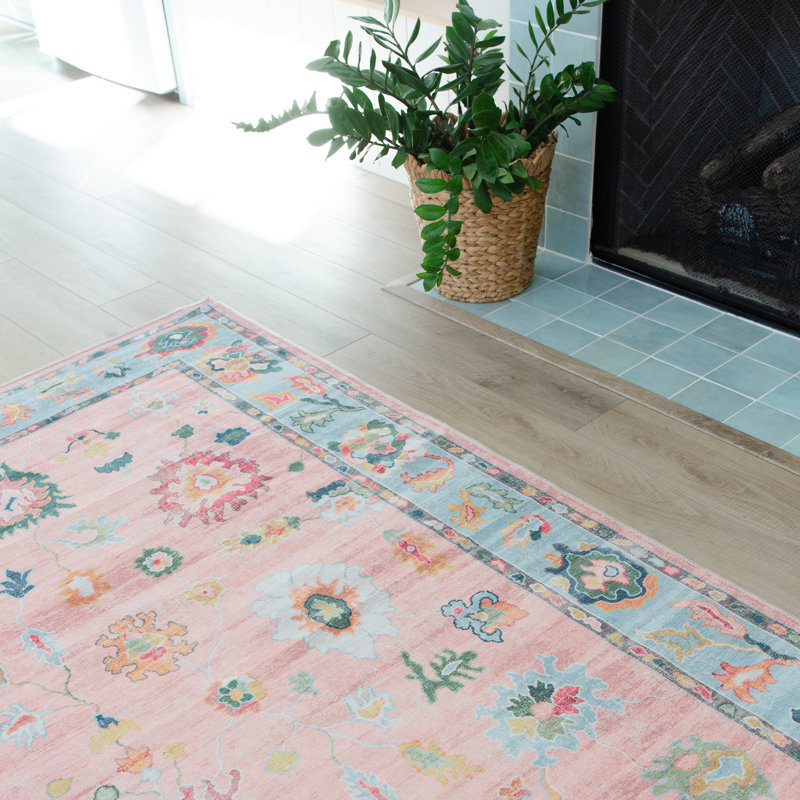 Kugler Vintage Traditional Pink/ Blue Printed Washable Flat Pile Area Rug, Rectangle 6'7" x 9'2"