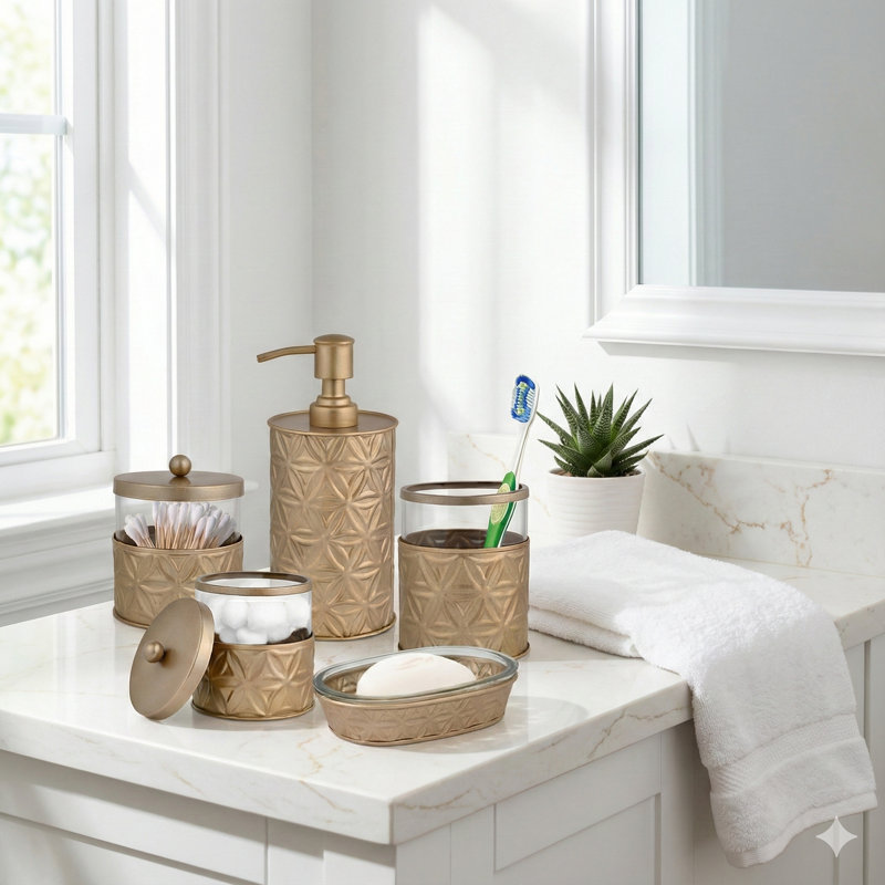 Maleck Bathroom Accessory Set, Brushed Gold