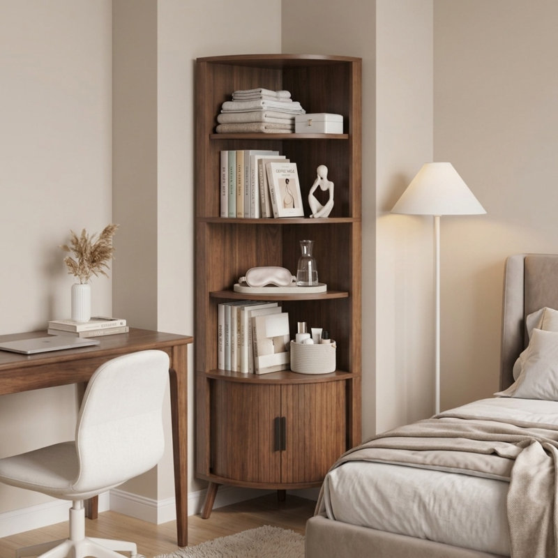 Bibliothèque de coin autoportante 67,1 pouces à 5 niveaux en noyer, armoire de rangement d'angle en bois avec portes coulissantes et tablettes ouvertes, présentoir peu encombrant pour le bureau de la cuisine du salon