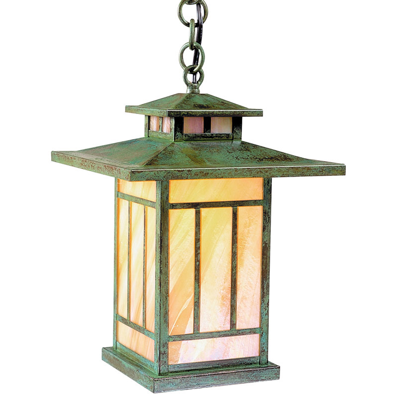 Ickes Outdoor Hanging Lantern, 17" H x 12.25" W, Verdigris Patina, Gold White Iridescent