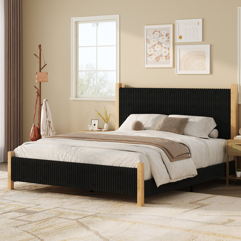 Bed Frame and Headboard, Corduroy Upholstered Bed Frame, Vertical Channel Design Headboard, Black, King