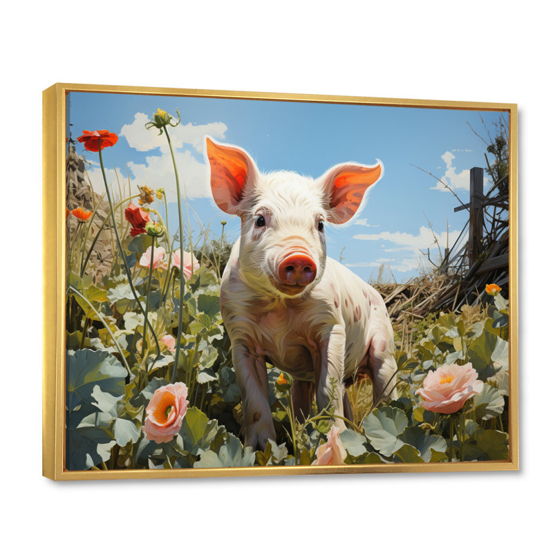 «Cute Pig jouant dans des fleurs I», reproduction d'art sur toile, Cadre flottant doré, H 24 po x l 32 po x P 1 po