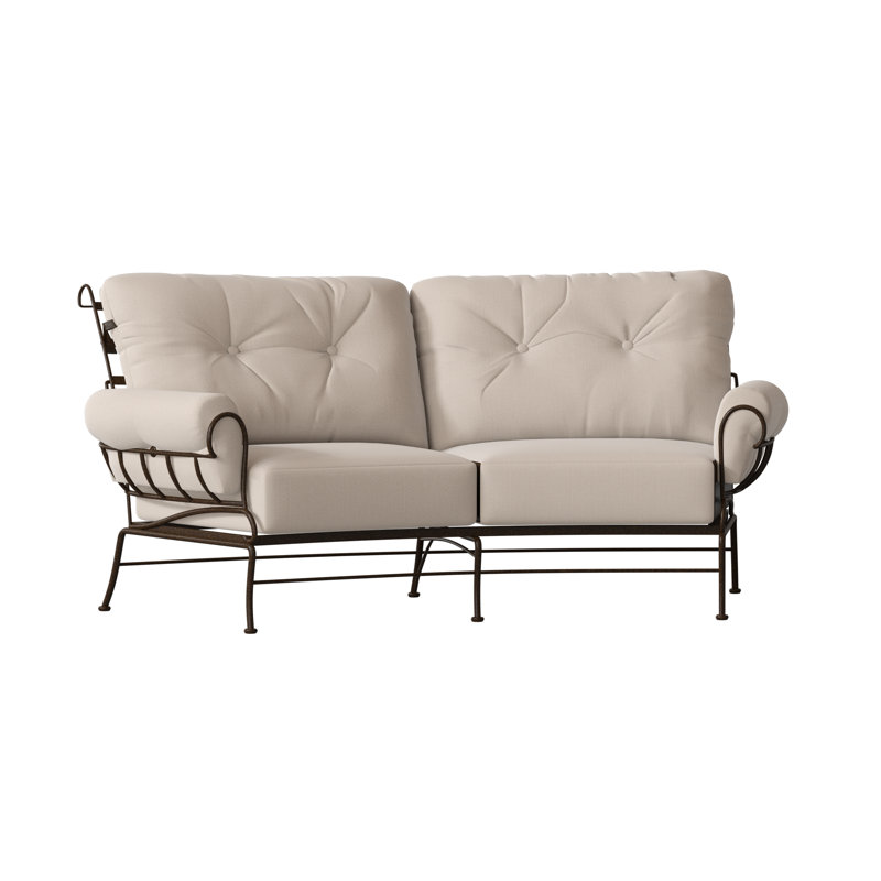 Terrace 82.5'' Wide Iron Loveseat with Cushions, Chestnut Brown, Linen Antique Beige Sunbrella®