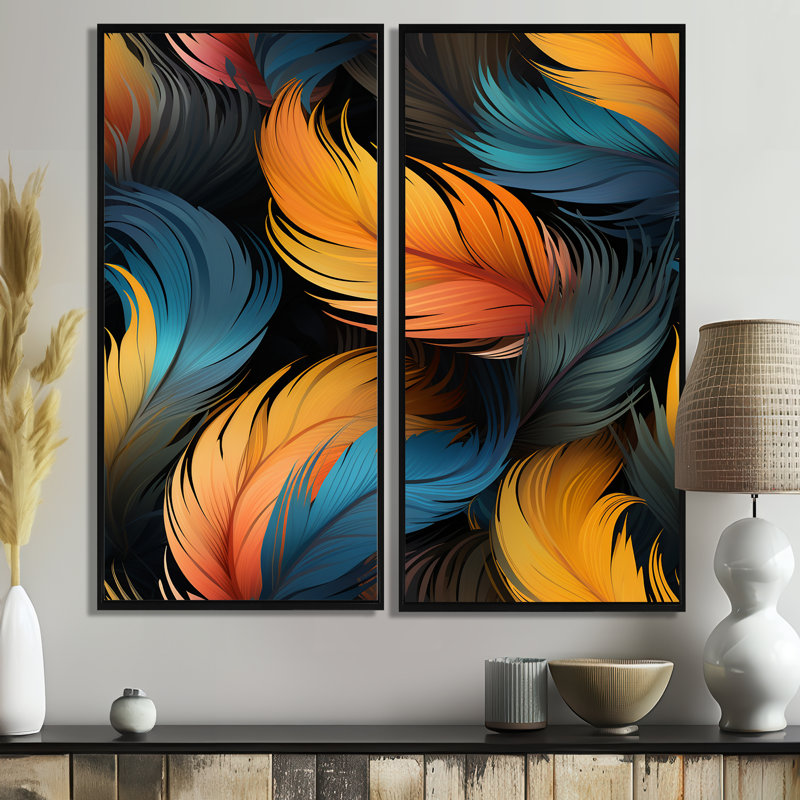 Plume orange et sarcelle, élégance aviaire - Art mural orange, H 40 po x l 40 po, Impression encadrée flottante, Noir