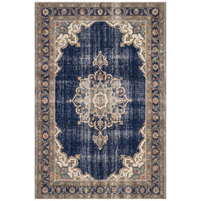 Belsford Vintage Look Navy Ivory Teal Orange Gold Non-Slip Low Pile Indoor Outdoor Pet Friendly Living Room Bedroom Dining Room Entryway Hallway Office Faded Central Medallion Washable Rug