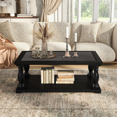 Farmhouse 2-Tier Wooden Coffee Table with Turned Solid Wood Legs
