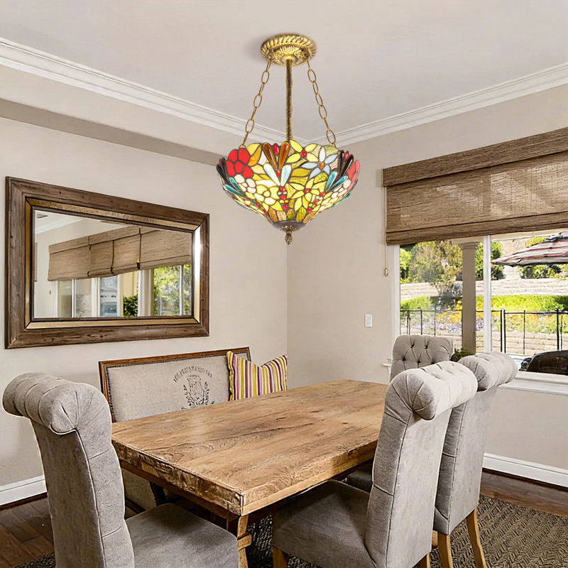Luminaire suspendu bol en verre coloré de style campagne avec finition laiton antique, 2 lumières