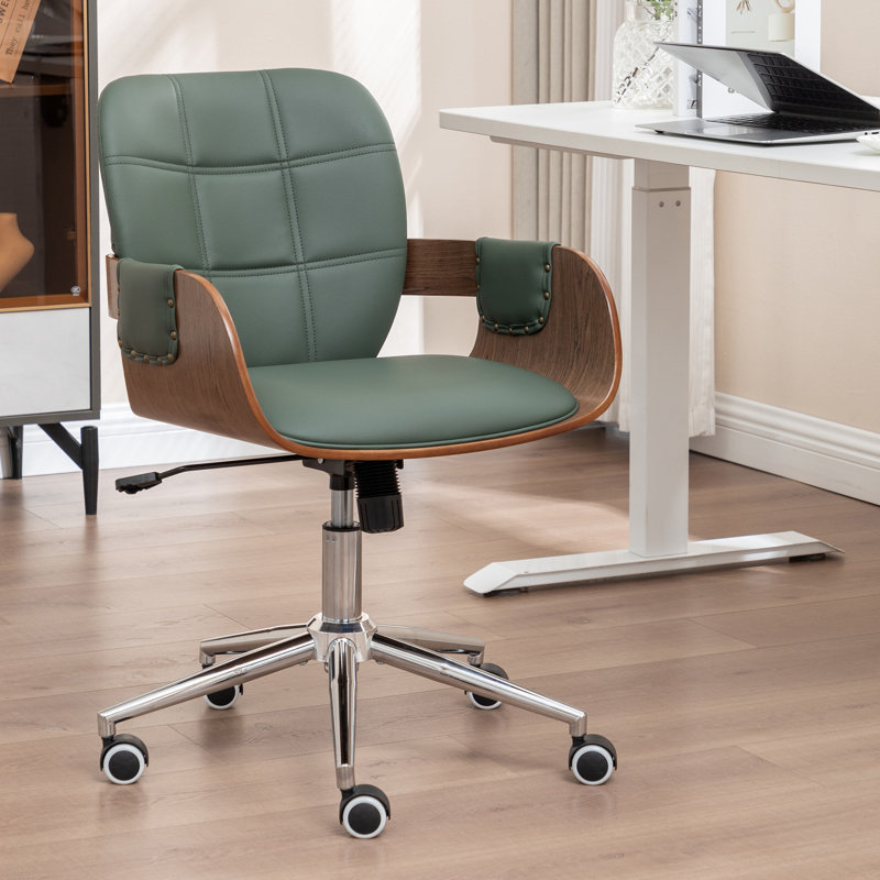 Swivel Height-Adjustable Tilting Faux Leather Office Chair With Curved Wood Design, Green