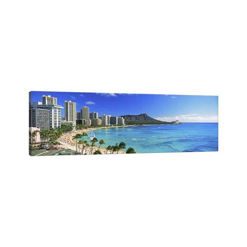 Palm Trees On The Beach, Diamond Head, Waikiki Beach, Oahu, Honolulu, Hawaii, USA #2 - Wrapped Canvas Panoramic Print