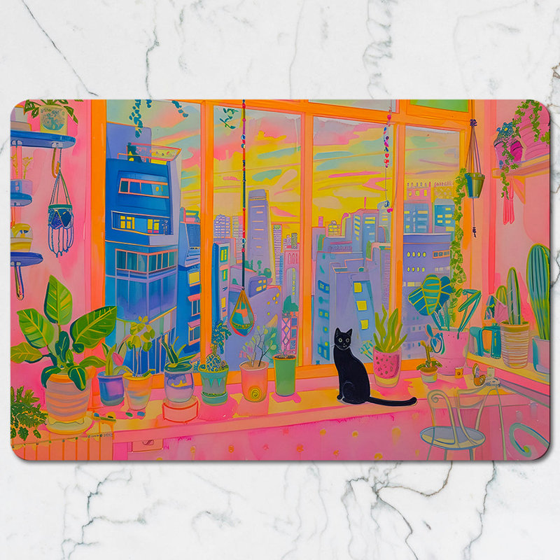 Colorful Cityscape Placemat and Coaster Set with Plants and Cat Art