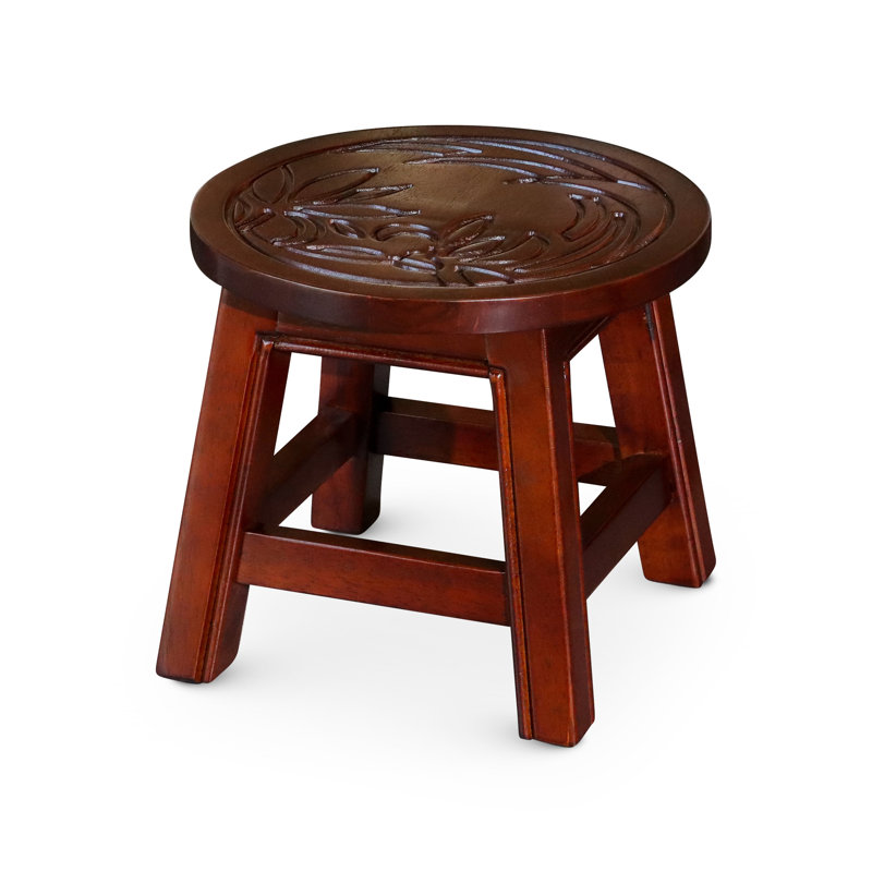 Marchepied en bois | Repose-pieds floral en bois d'hévéa sculpté | Finition cerisier | Noyer brun | Hévéa, Brun