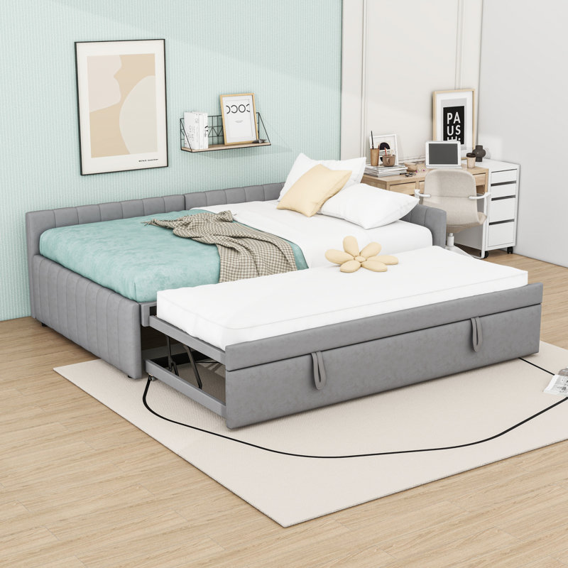 Full Upholstered Daybed with Trundle, Gray