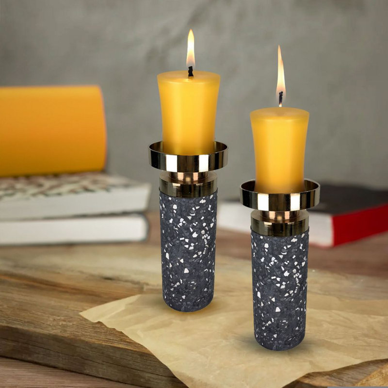 Splattered Cement Candlesticks with Gold Sconce, 7" H x 3" W x 3" D, Gold/Grey