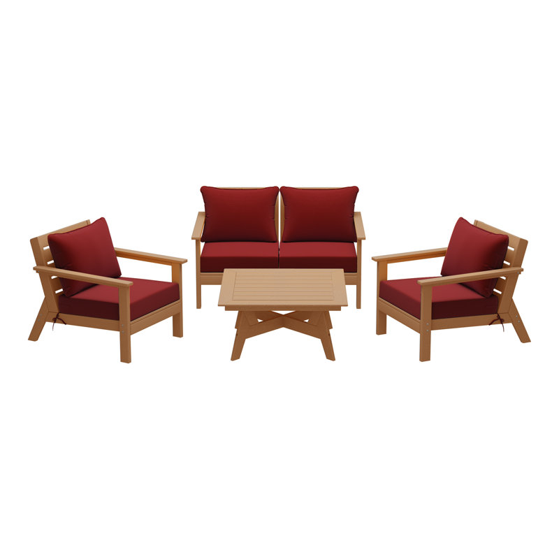 5-Piece Deep Seating Set, Teak, Red