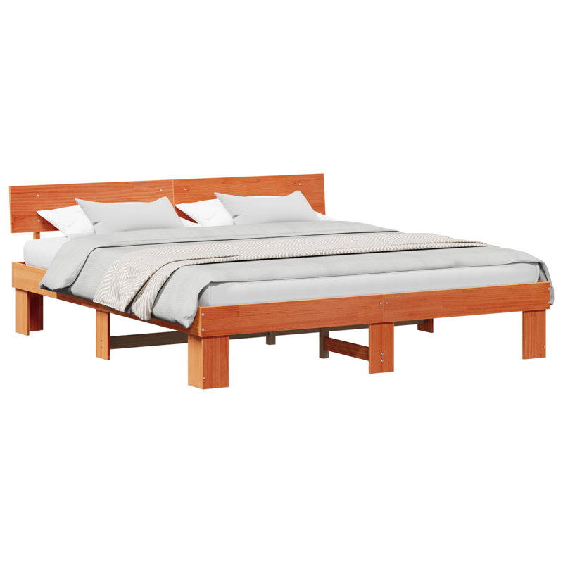 Bed Frame with Headboard Solid Pine Wood, Wax Brown