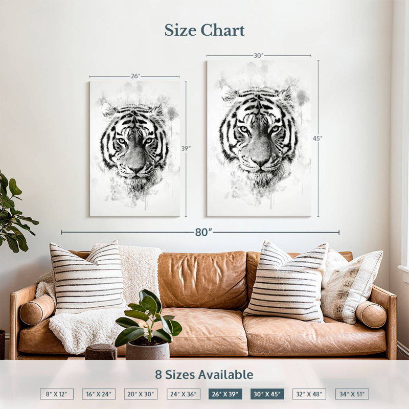 Tête de tigre Brampt noir et blanc, H 39 po x l 26 po