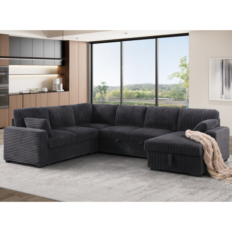 U Shaped Sectional Sleeper Sofa Couch With Pull Out Bed And Storage, Gray Chenille