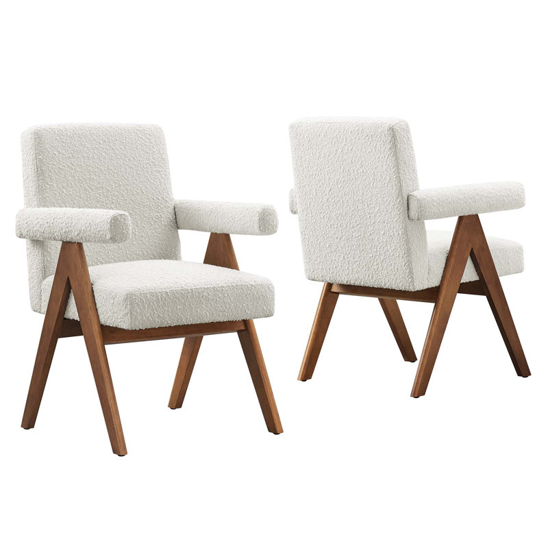 Modway Lyra Fabric Arm Chair Dining Chair, Ivory Boucle