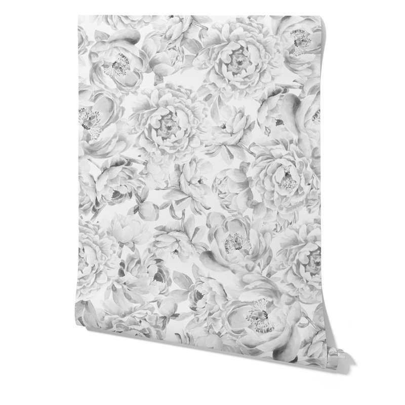 Black and White Peony Floral Wallpaper