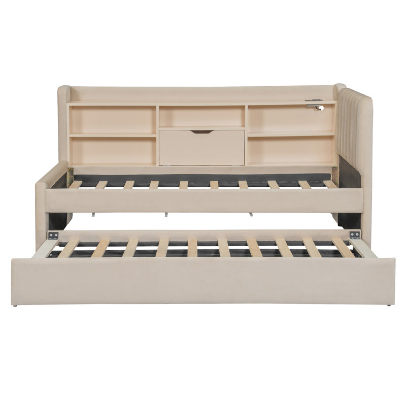 Upholstered Daybed With Trundle, Beige