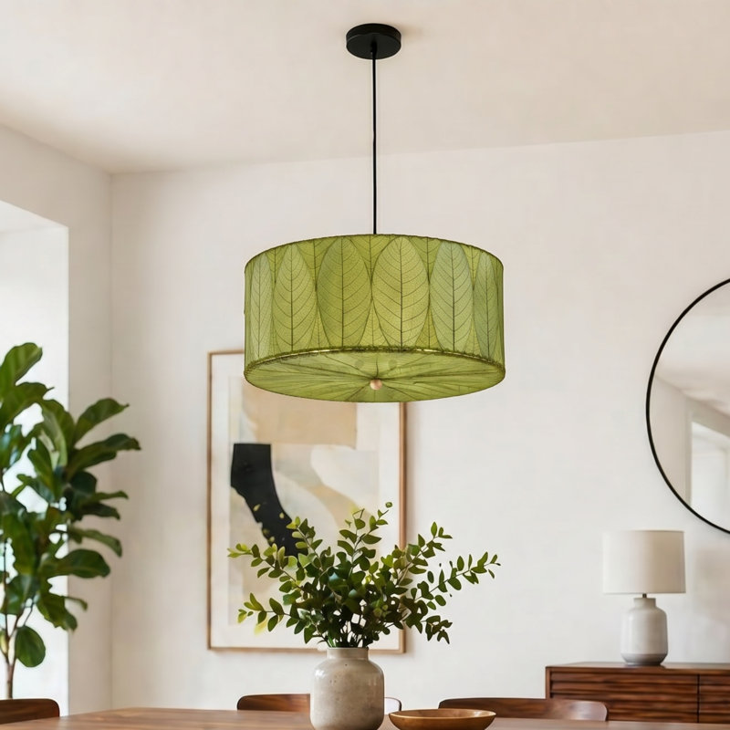 Lustre cylindrique unique à 3 lumières Quintan, Vert, H 10 po x l 24 po