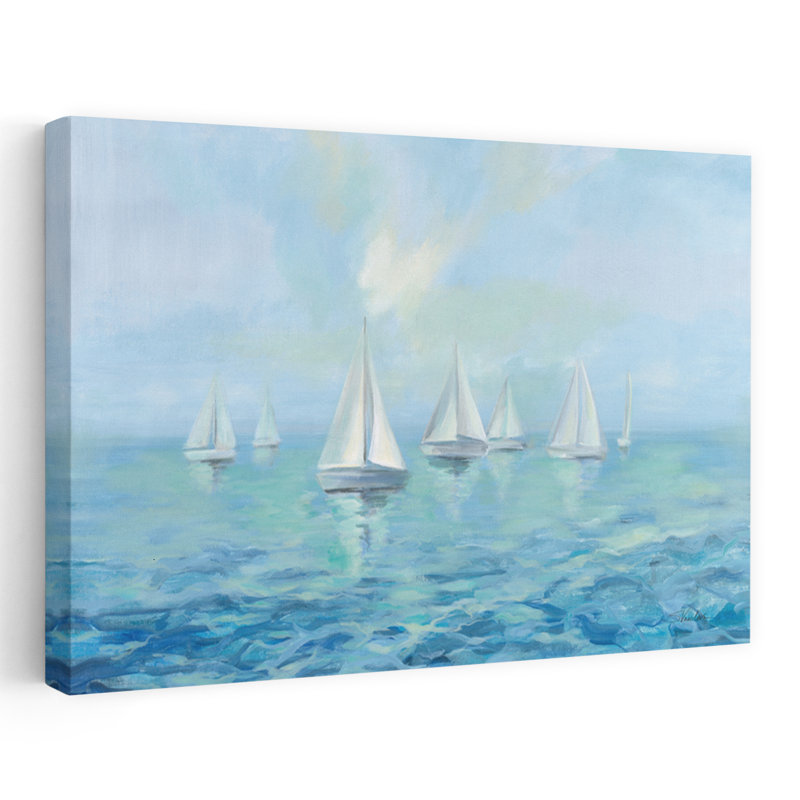 Bateaux dans la brume côtière; Nautique bleu gris blanc bateau turquoise, H 24 po x l 16 po