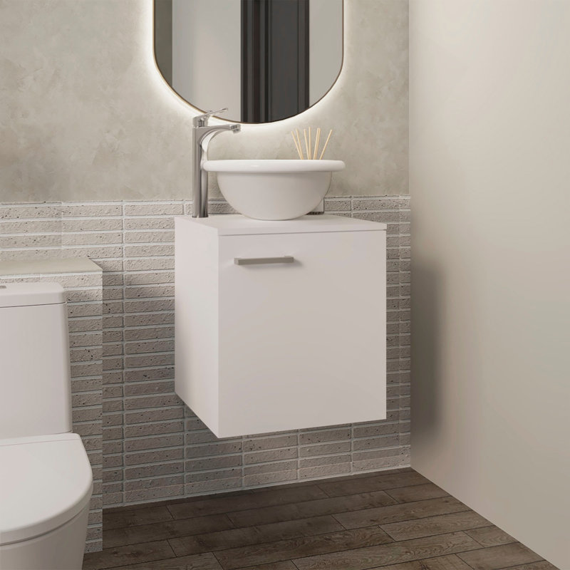 Meuble-lavabo flottant à une porte Clyde, avec lavabo vasque et une tablette, Blanc