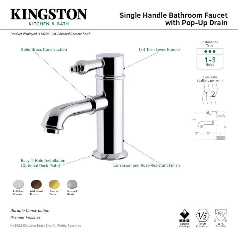 Kingston Brass Paris Single-Handle 1-Hole Deck Mount Bathroom Faucet with Brass Pop-Up, Oil Rubbed Bronze